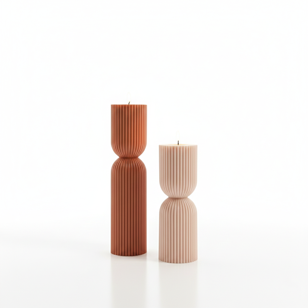 Elysian Pillar Duo – Handcrafted Ribbed Natural Wax Decorative Candles