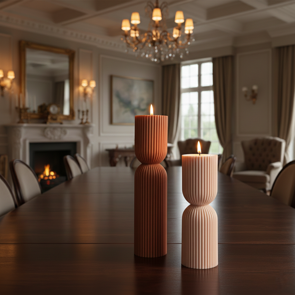 Elysian Pillar Duo – Handcrafted Ribbed Natural Wax Decorative Candles
